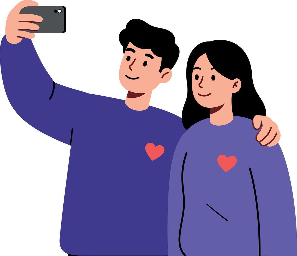 Couple taking selfie with matching purple sweaters and red heart designs illustration vector