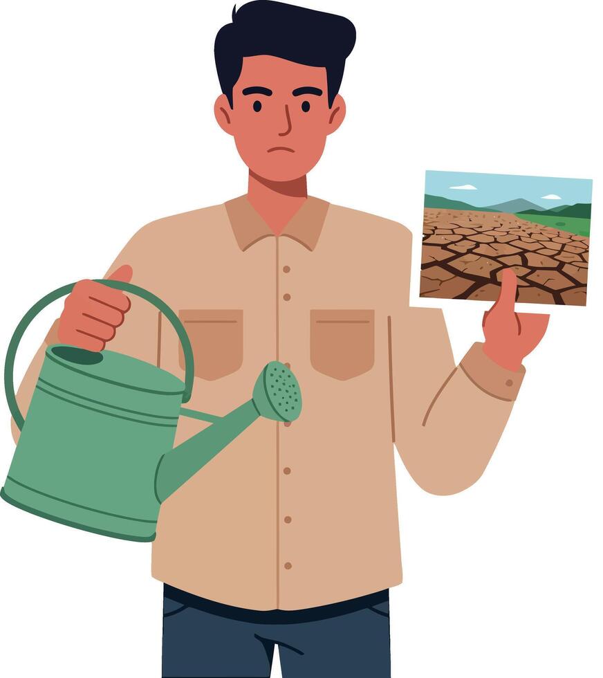 Man Holding Dry Land Photo and Green Watering Can Illustrating Environmental Concern and Drought Impact vector