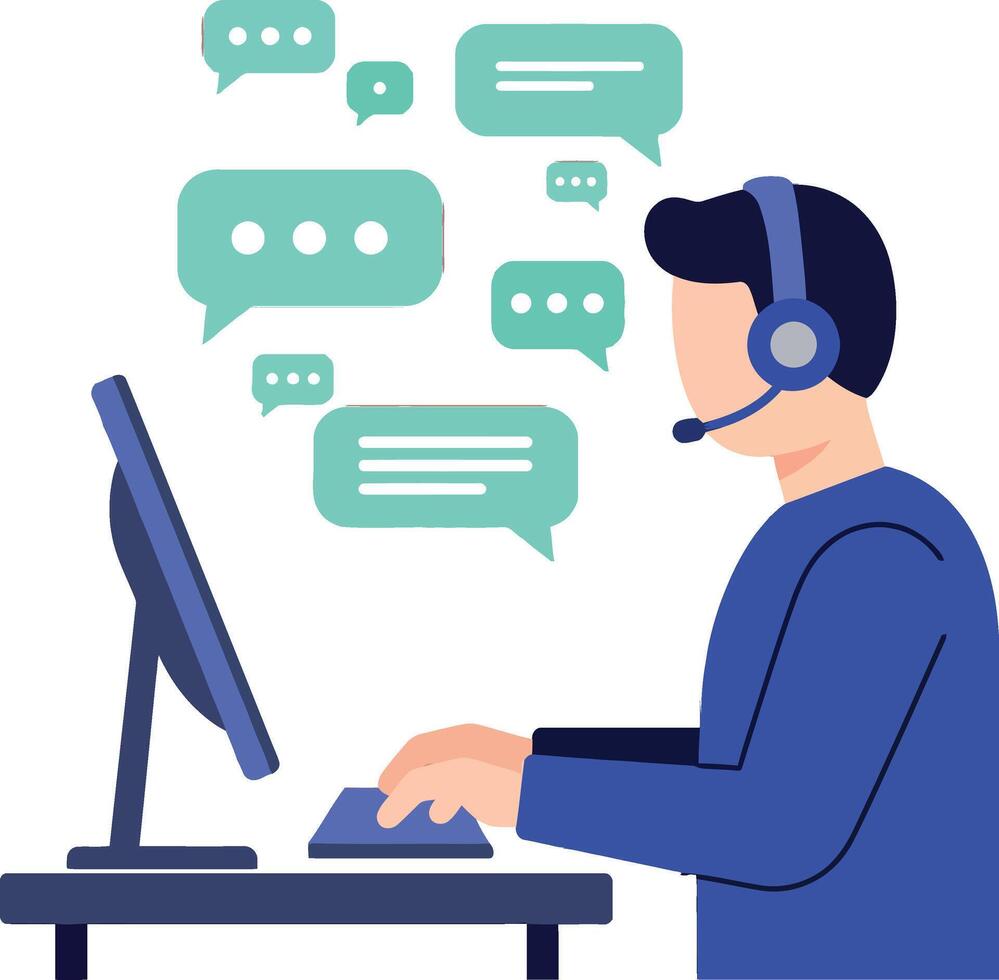Customer support agent with headset working on computer answering chat messages illustration vector