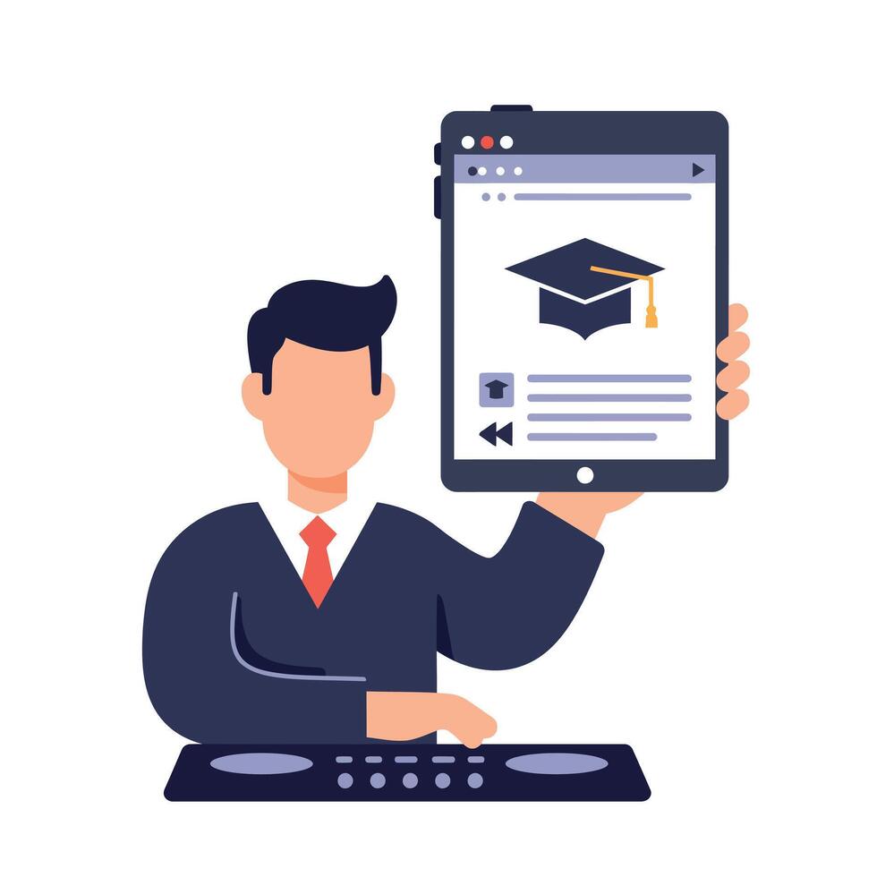 Man Showing Graduation Cap Icon on Digital Tablet for Online Education Concept illustration vector