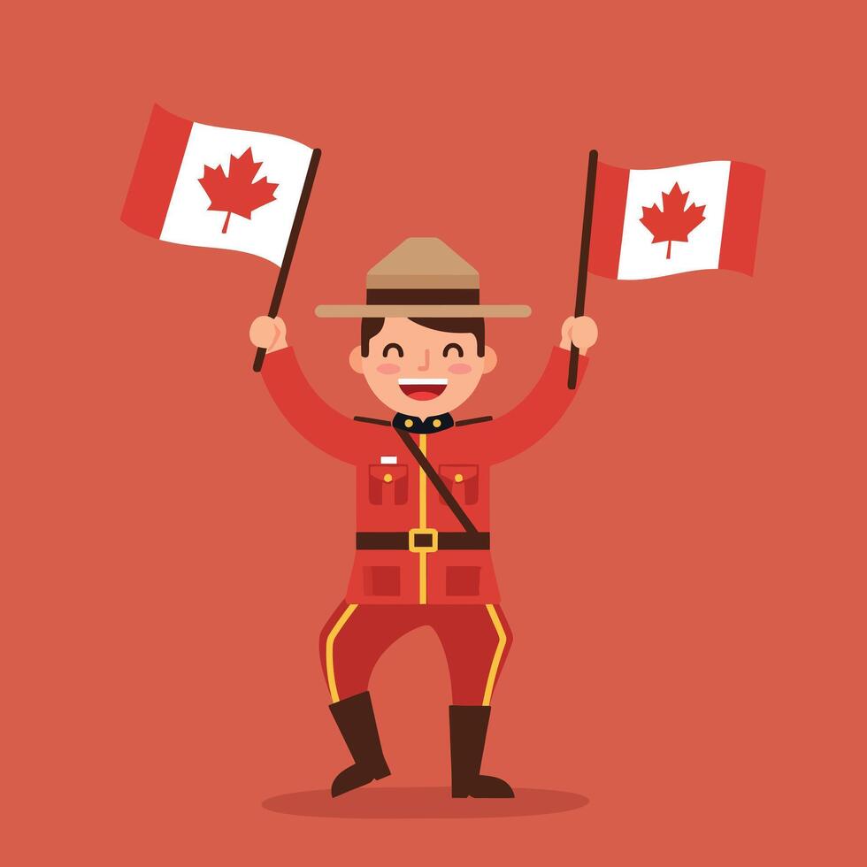 Canadian Mountie Holding Two Canada Flags Illustration in Red Background vector