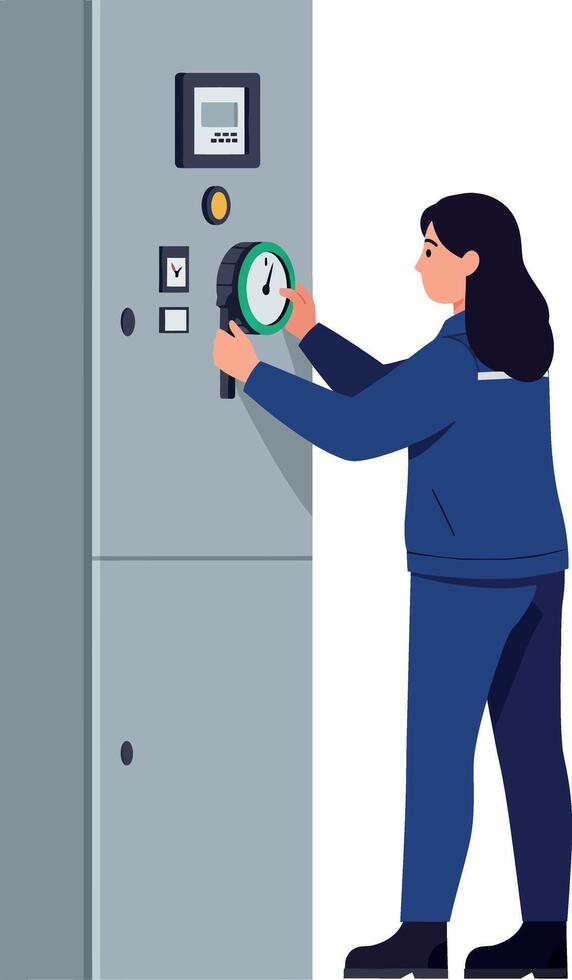 Female technician adjusting industrial control panel with gauge flat illustration vector