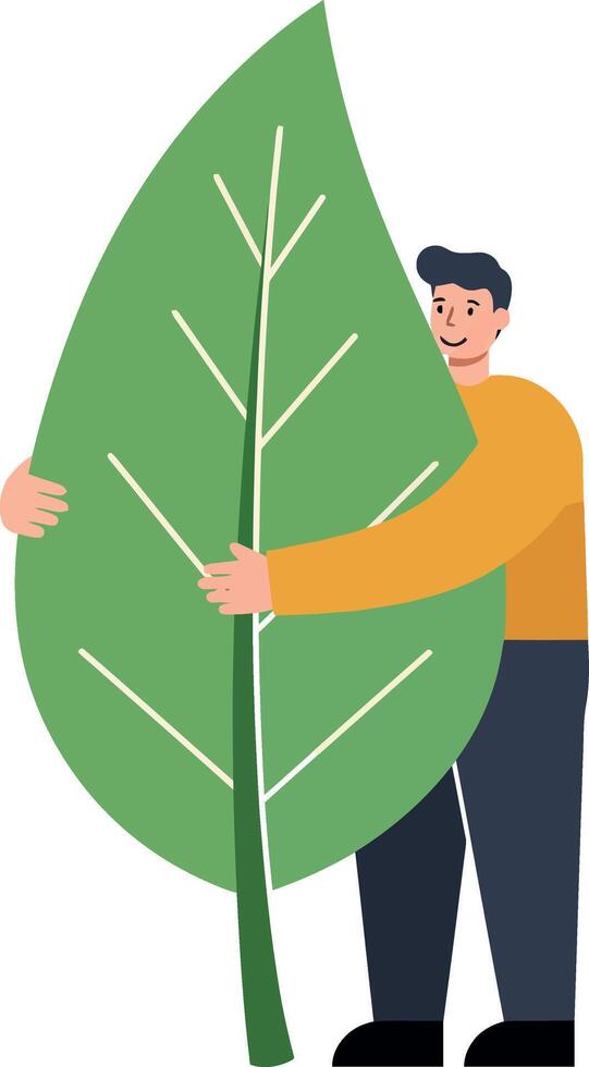 Man holding large green leaf illustration in simple flat style vector