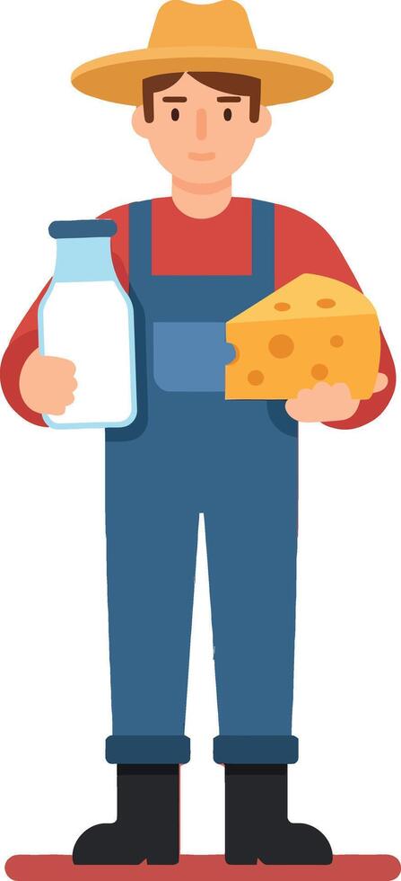 Farmer holding glass bottle of milk and cheese illustration in flat style vector