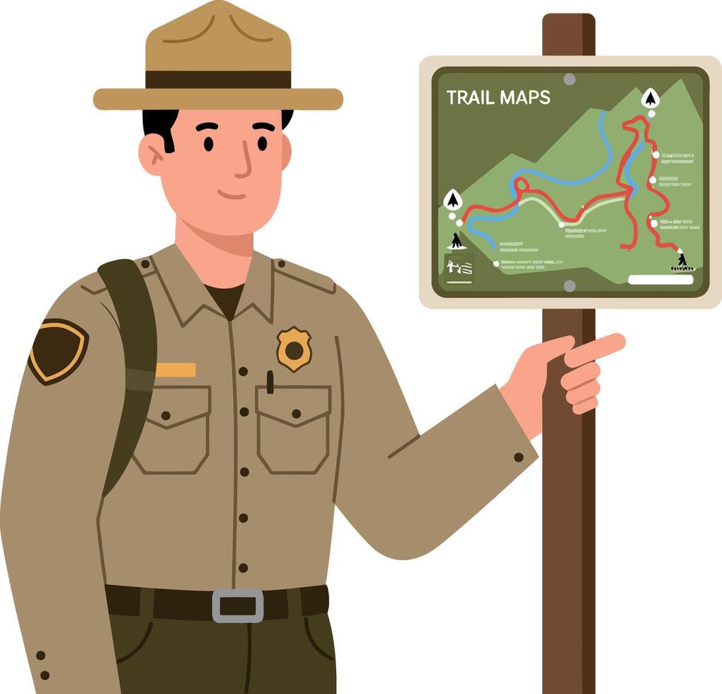 Park ranger pointing at trail maps in outdoor navigation illustration vector