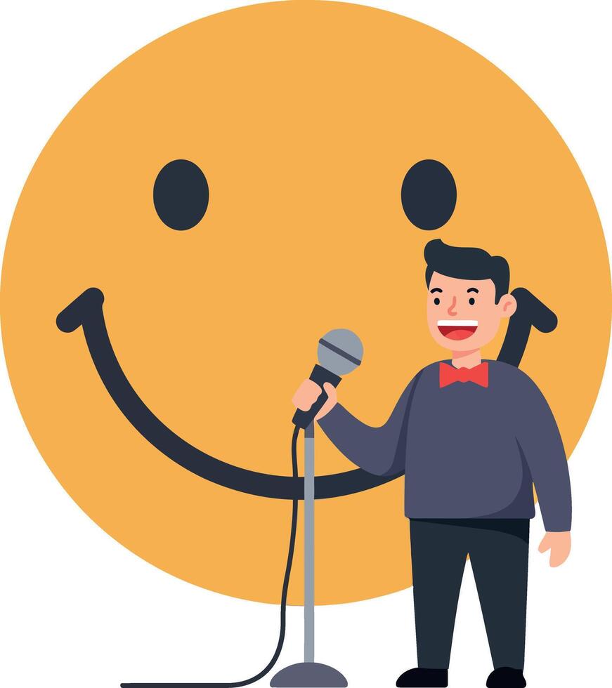 Man Singing with Microphone and Large Yellow Smiley Face Background Illustration vector
