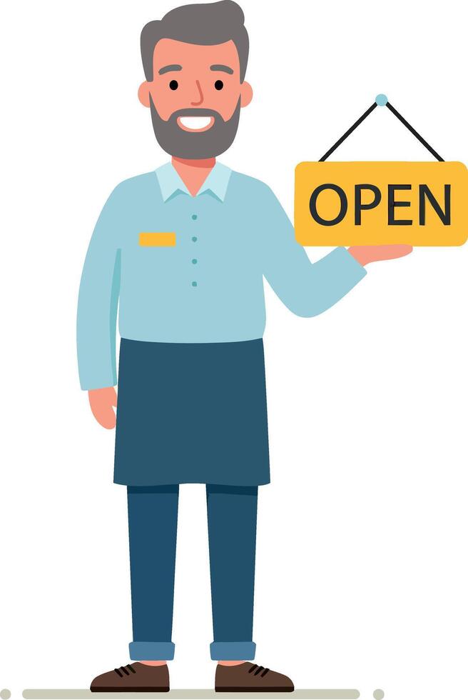 Male Shopkeeper Holding Open Sign Illustration with Smiling Expression vector