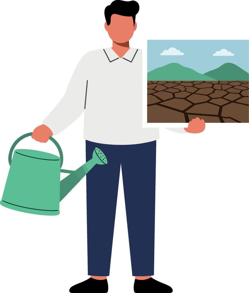 Man holding picture of dry cracked earth with watering can environmental drought concept illustration vector