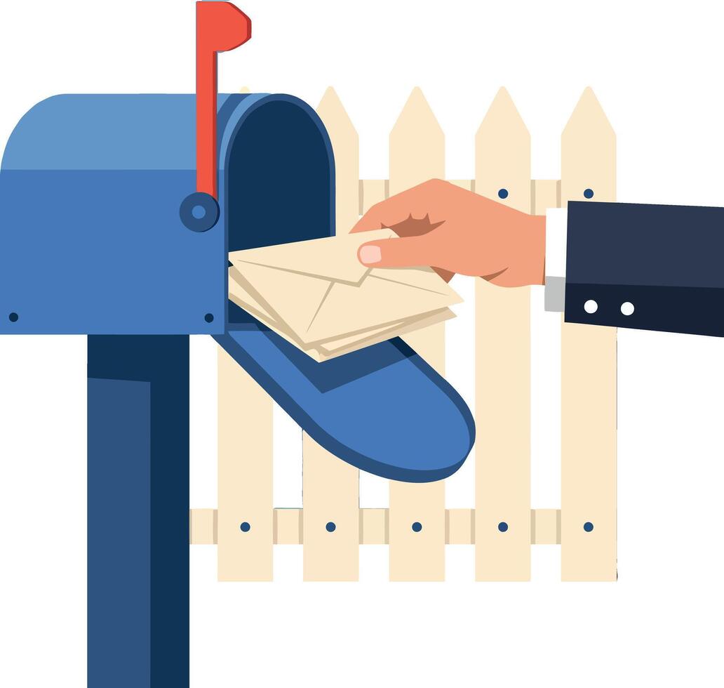 Hand placing letters into blue mailbox with red flag near white wooden fence flat design illustration vector