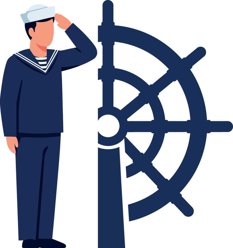 Sailor standing beside ship wheel wearing navy uniform illustration vector