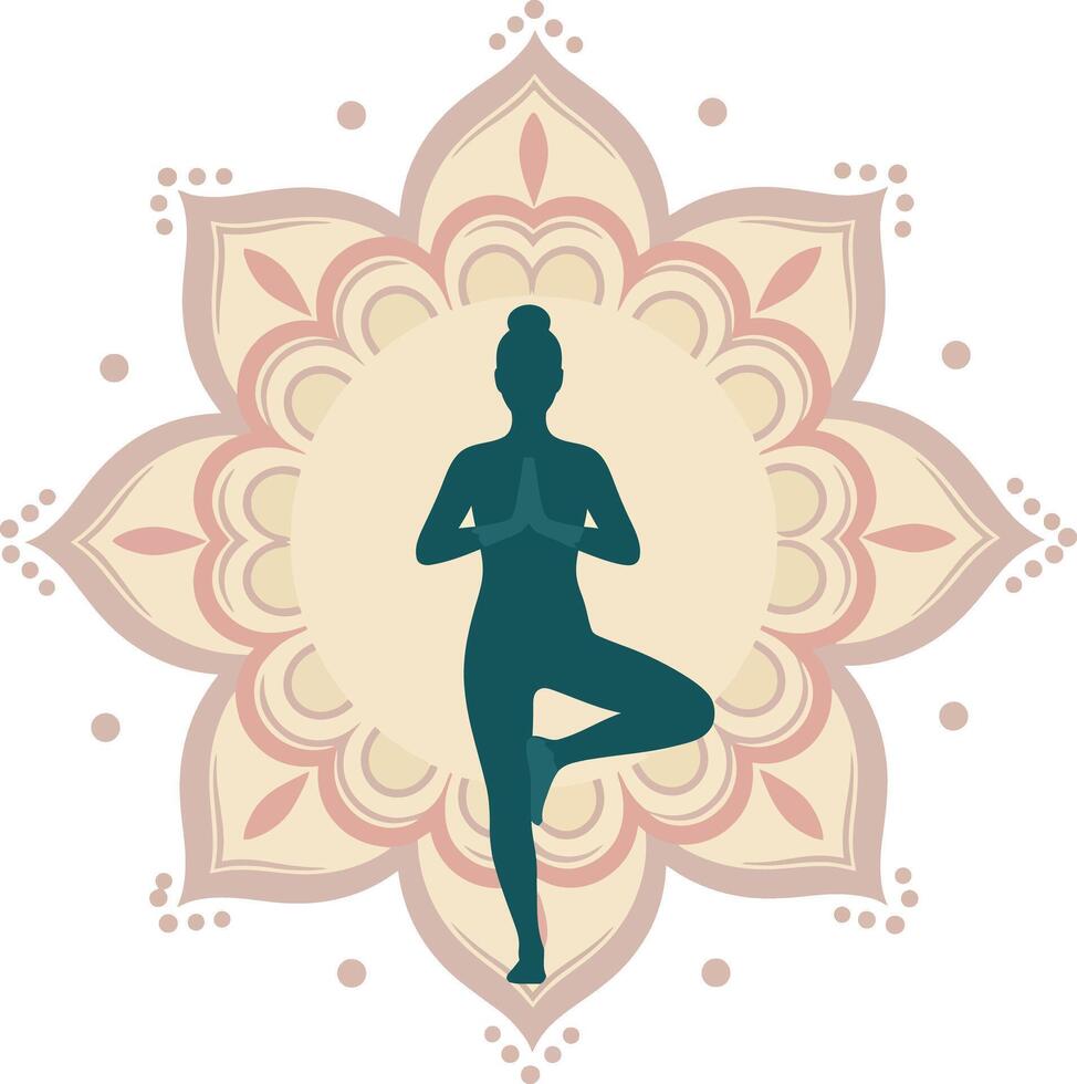 Yoga silhouette in tree pose with mandala background illustration natural flow calm spiritual vector