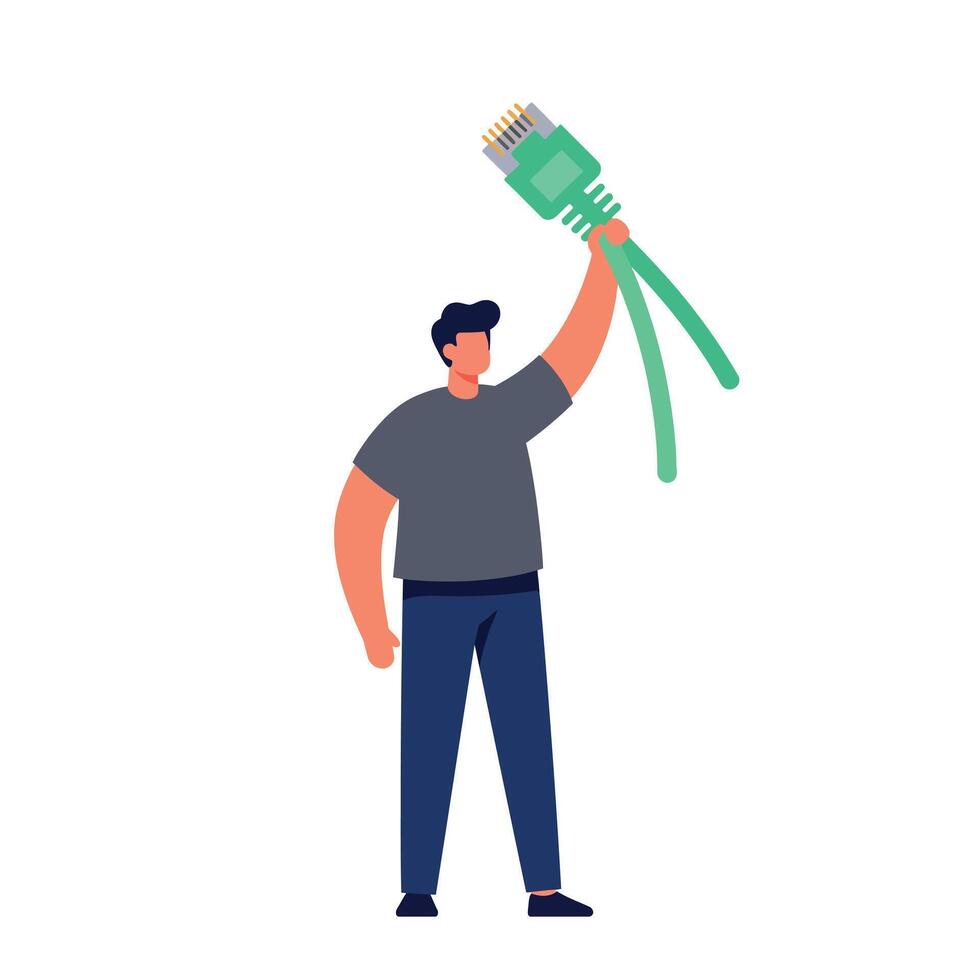Man Holding Large Green Ethernet Cable Illustration for Technology and Networking Concepts vector