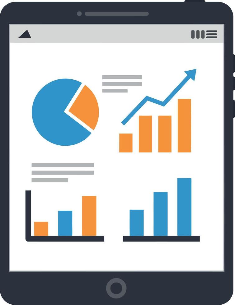Digital tablet displaying blue and orange charts and graphs in flat design style illustration vector