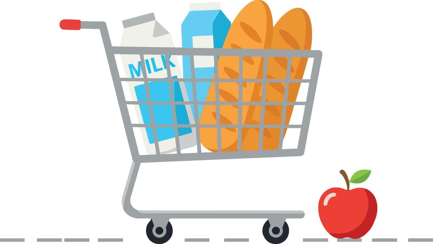Grocery shopping cart filled with bread milk and juice flat minimal illustration vector