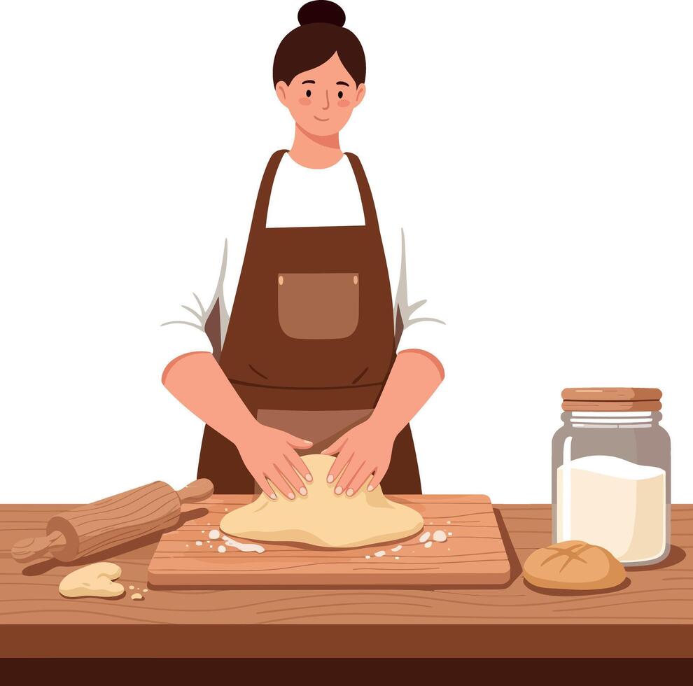 Female baker preparing dough with rolling pin and flour in flat minimal kitchen illustration vector