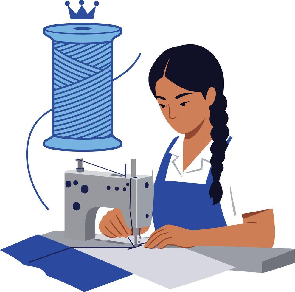 Woman sewing with sewing machine and blue thread spool illustration vector