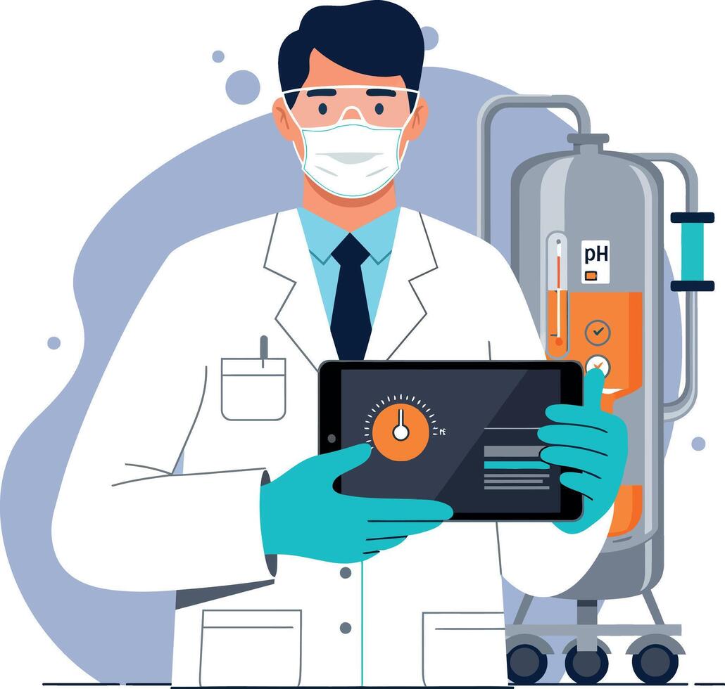Male scientist in white lab coat with protective gloves and mask holding digital tablet in modern lab flat illustration vector