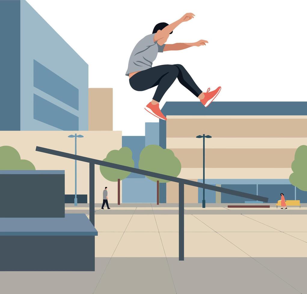 Young man performing parkour jump in urban environment with modern buildings and street elements illustration vector