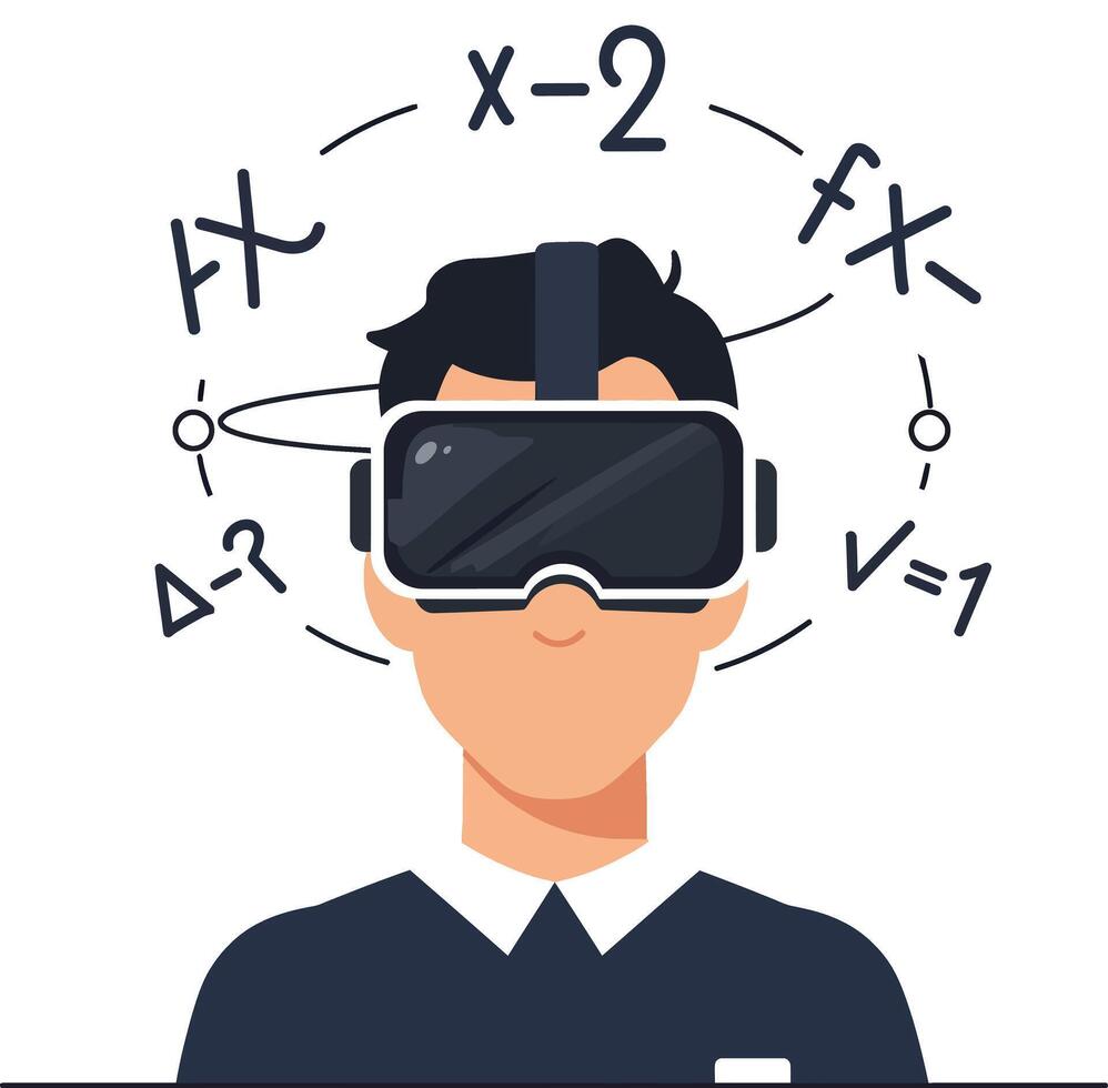 Young man wearing virtual reality headset exploring math formulas in flat style illustration vector