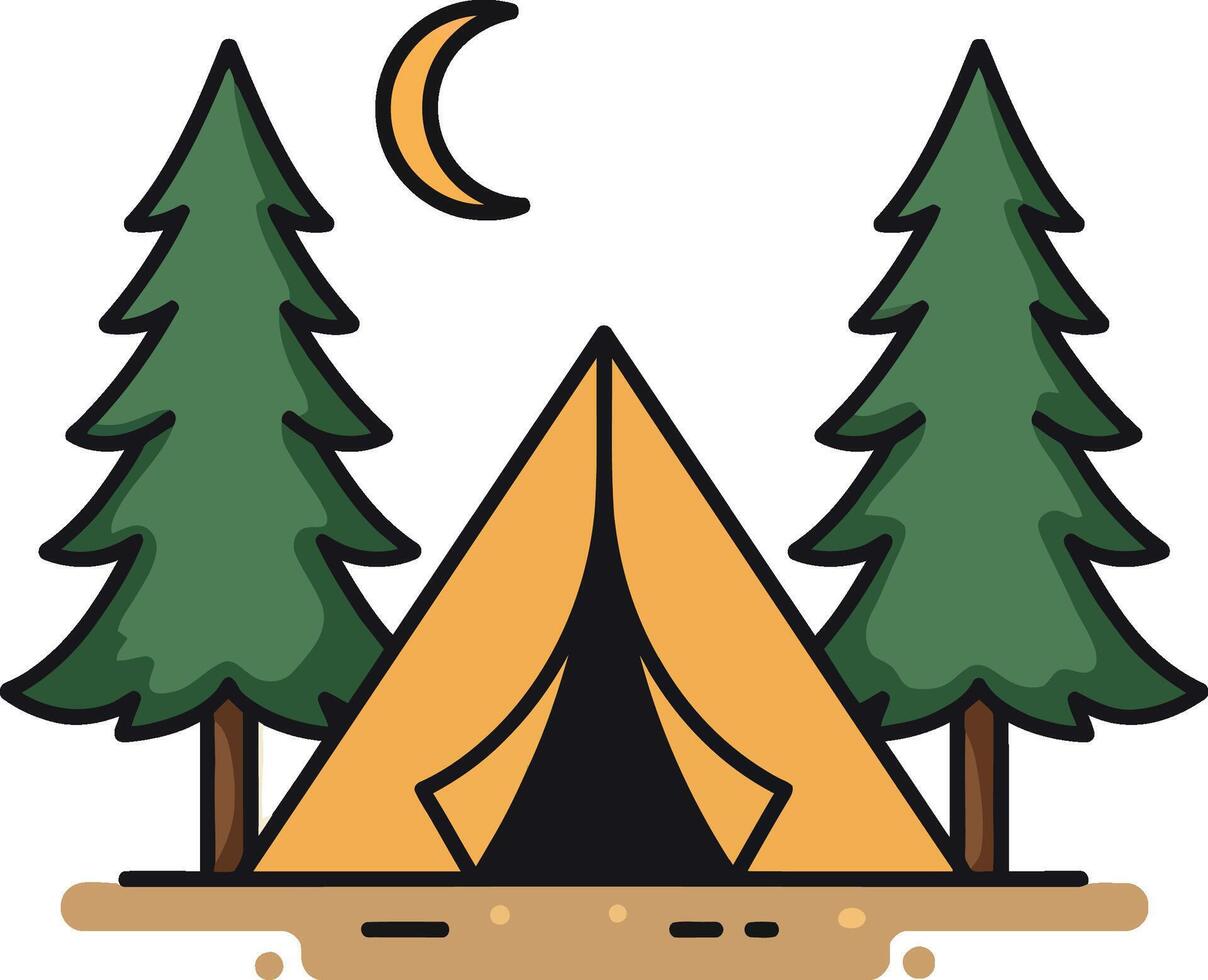 Camping tent between pine trees under crescent moon minimal flat design illustration vector