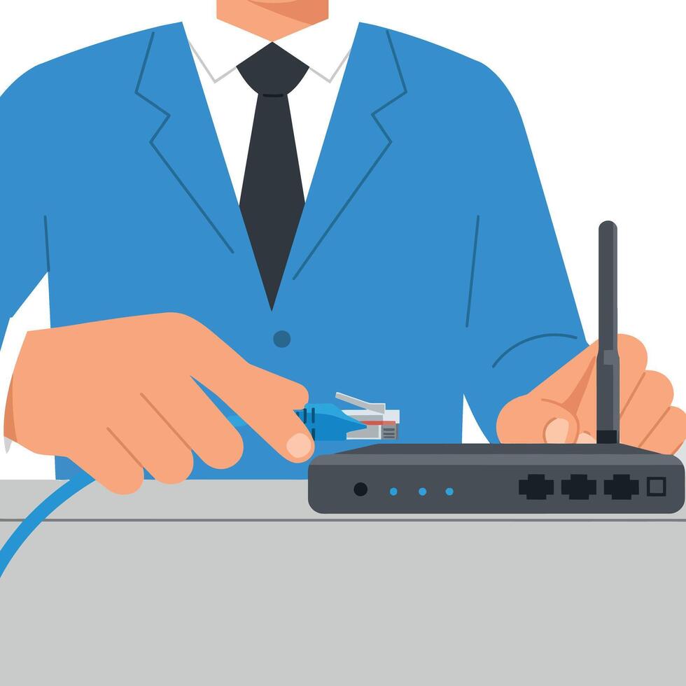 Man in blue suit connecting ethernet cable to wireless router for network setup illustration vector