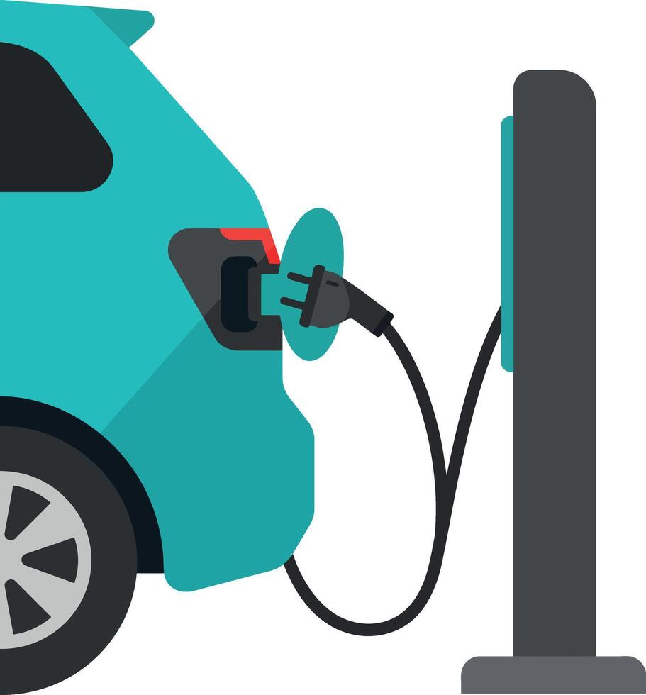 Electric car charging station with teal vehicle plug connection illustration vector