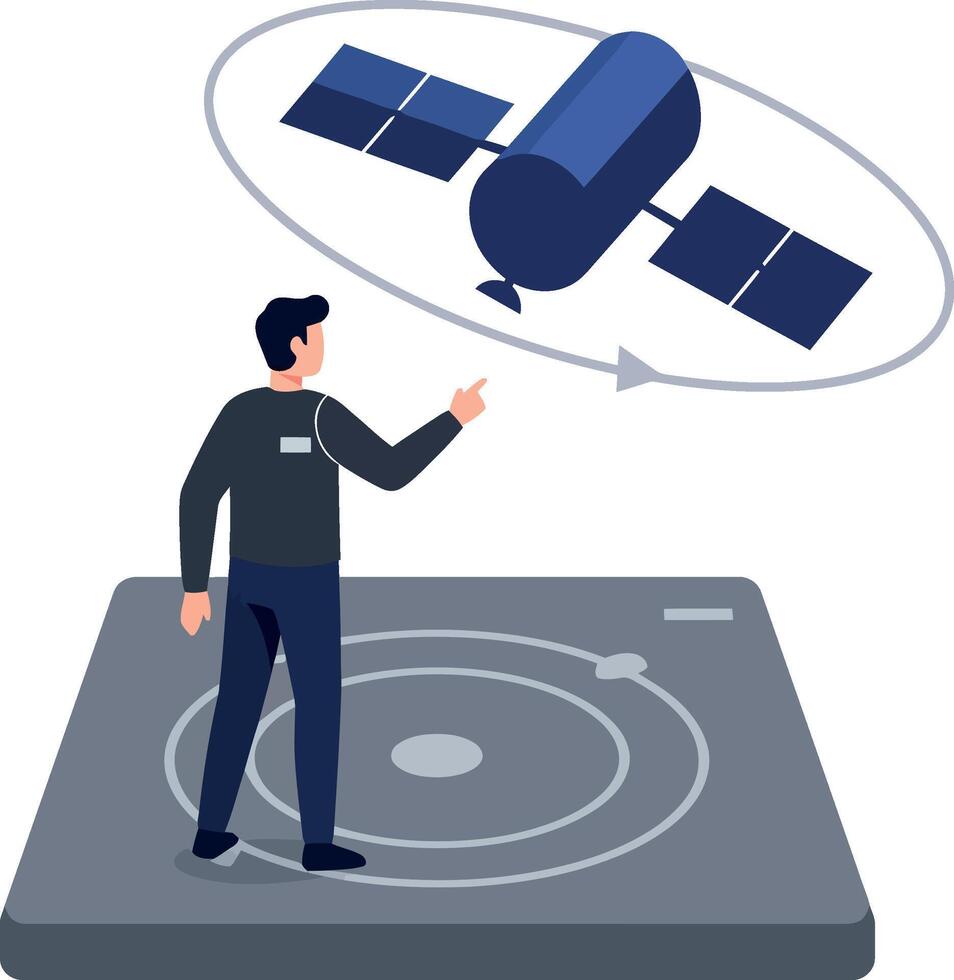 Man interacting with satellite orbiting above flat technology platform digital illustration vector