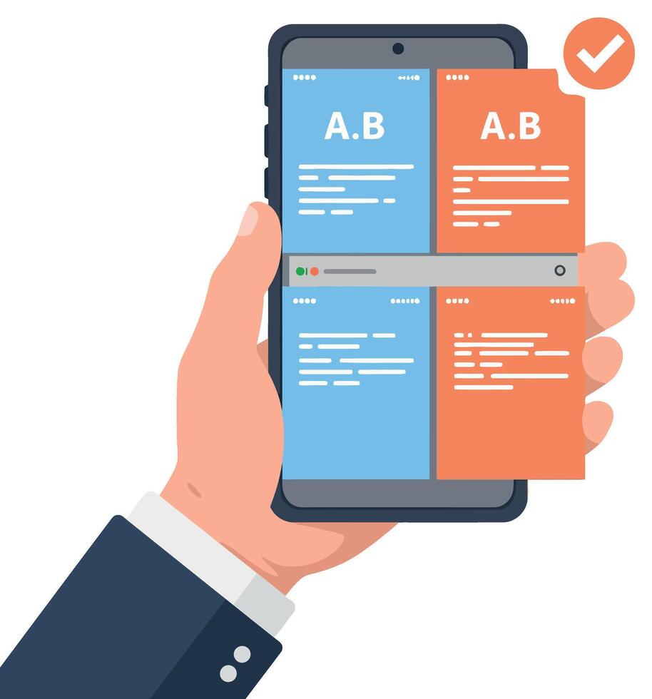 Hand holding smartphone with colorful app interface showing text blocks and checkmark flat design illustration vector