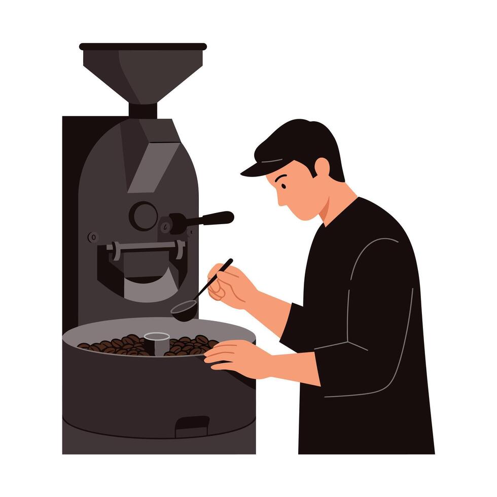 Coffee Roaster Man Checking Roasted Coffee Beans with Spoon Illustration vector