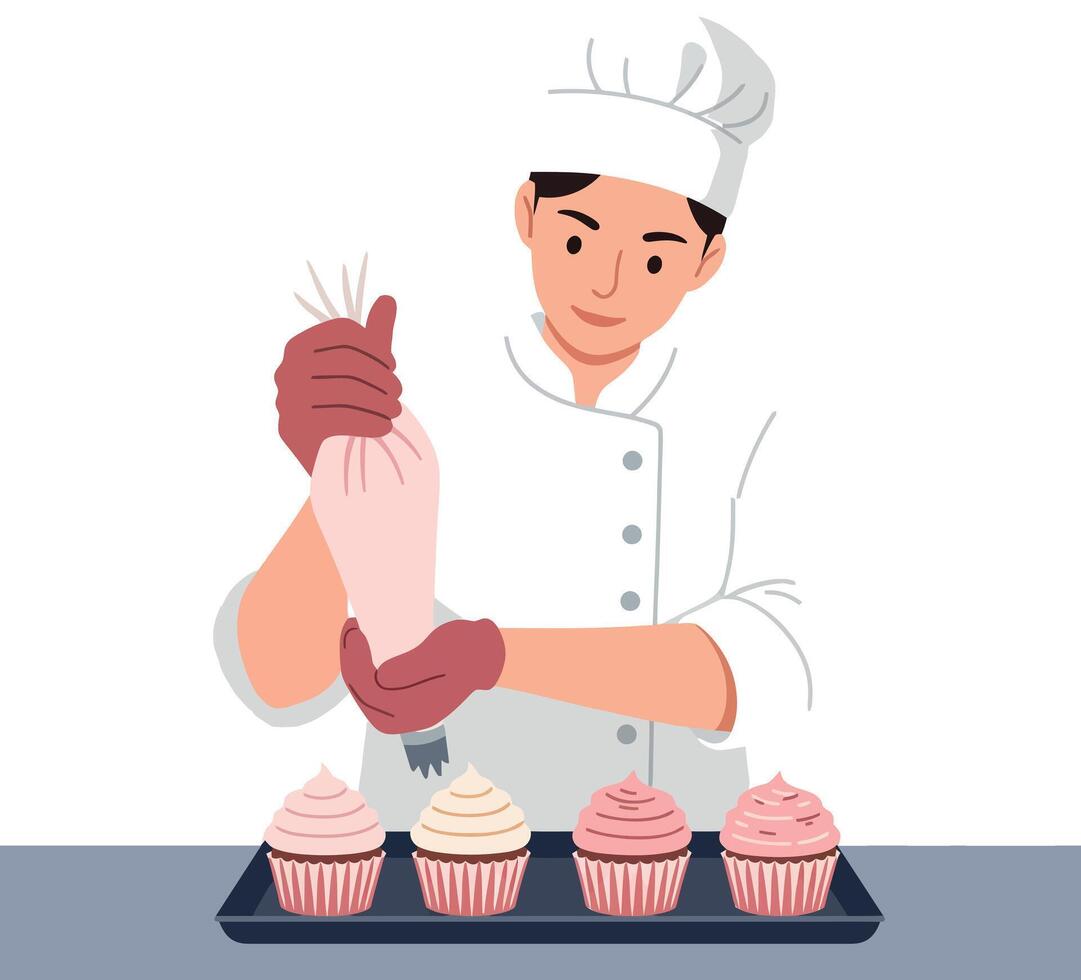 Chef decorating cupcakes with pink frosting in kitchen bakery scene illustration vector