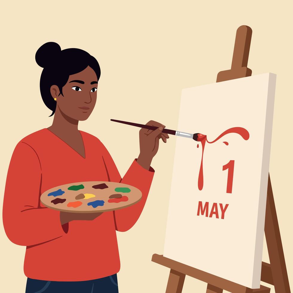 Woman painting May first artwork on canvas with red paint in creative studio space vector