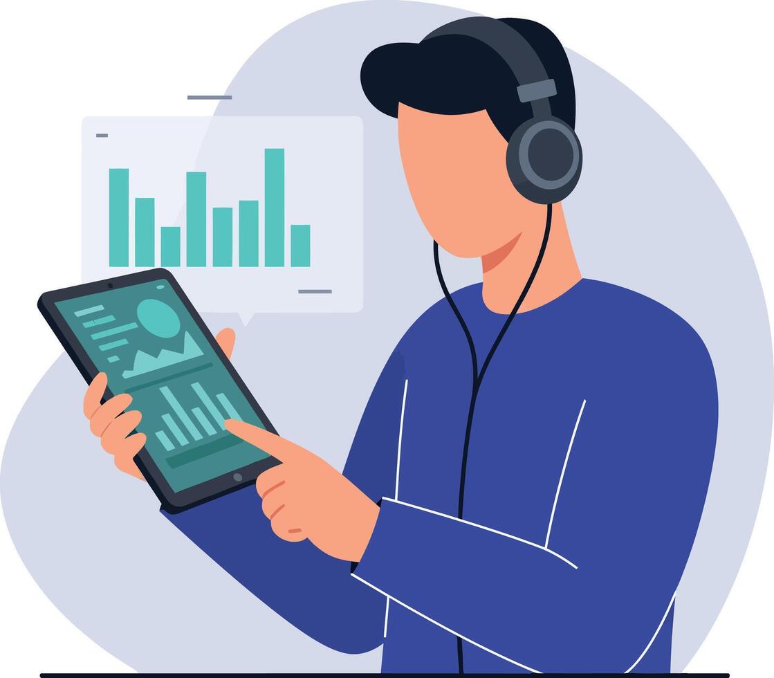 Young man wearing headphones analyzing data charts on digital tablet flat design illustration vector