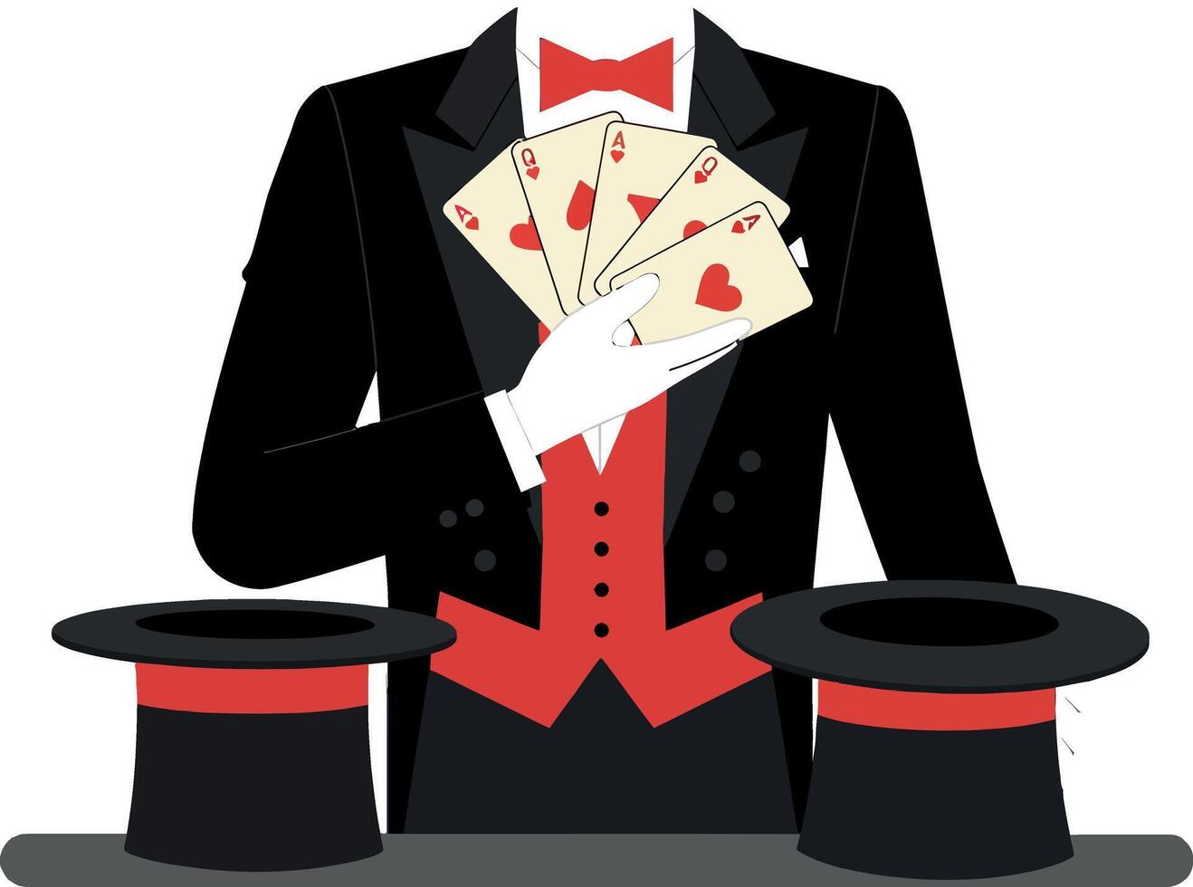 Magician performing card trick with two top hats in red and black outfit illustration vector