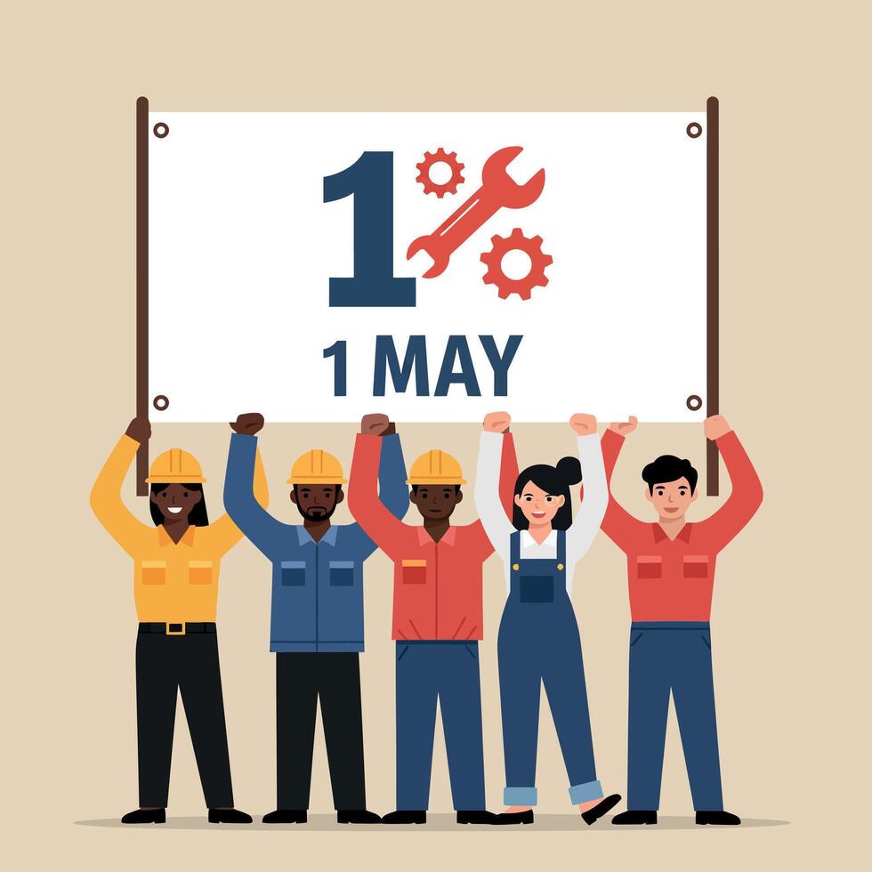 Workers holding 1 May Labour Day banner with tools and gears celebration illustration vector