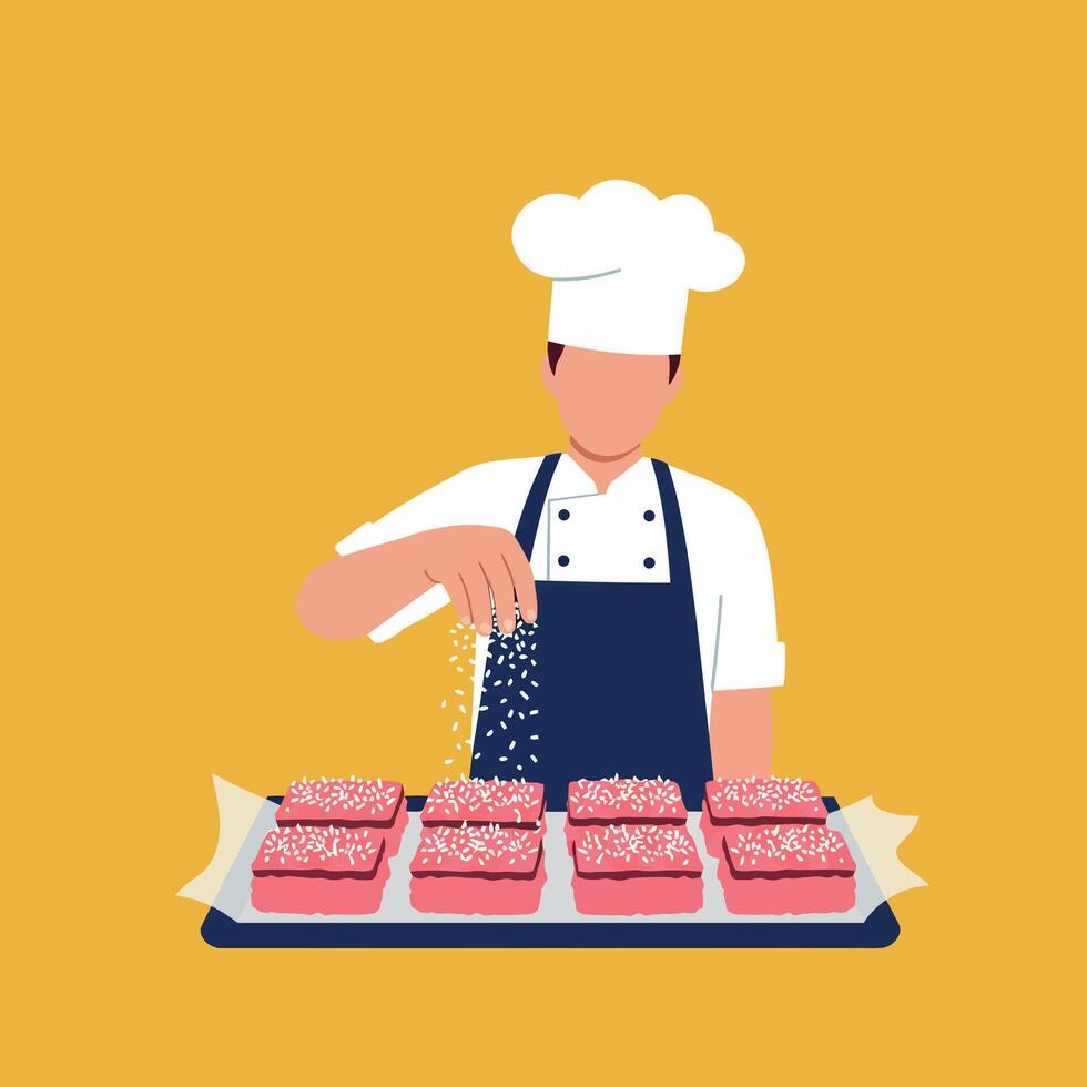 Chef seasoning raw meat with salt on tray cooking preparation illustration vector