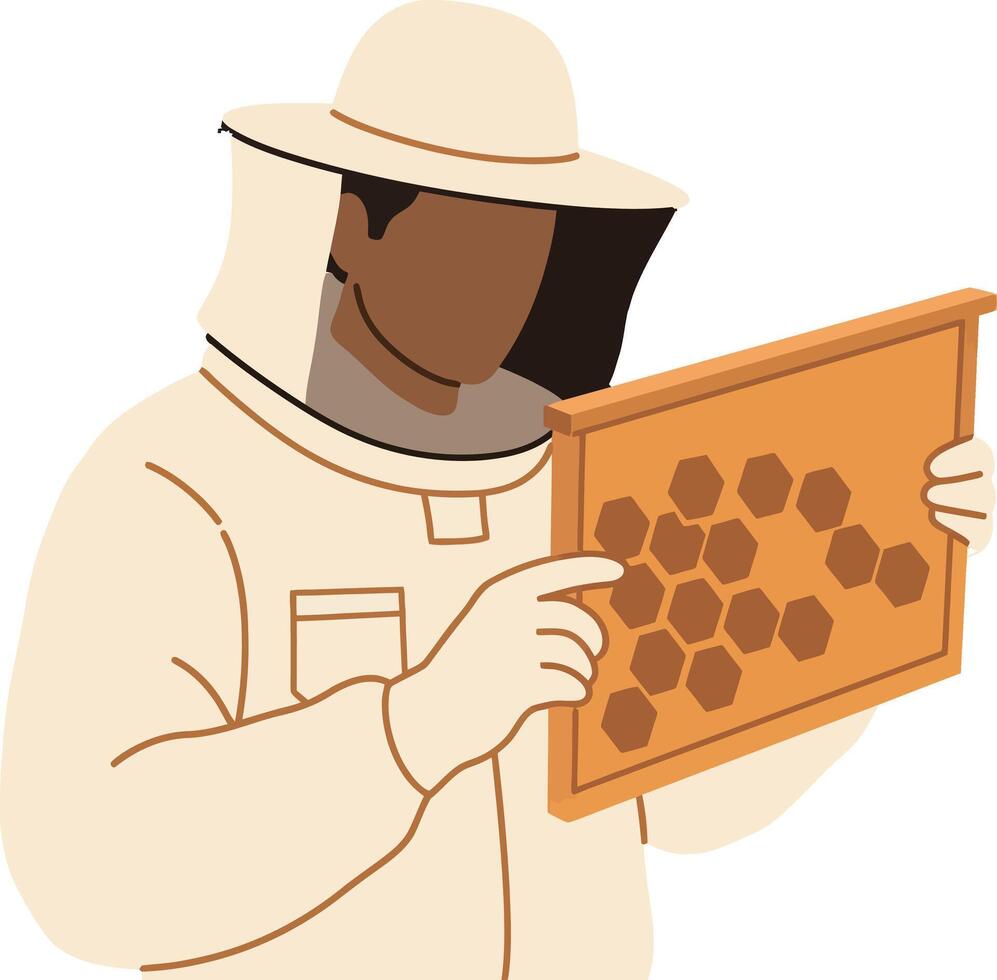 Beekeeper examining honeycomb frame in protective suit illustration vector