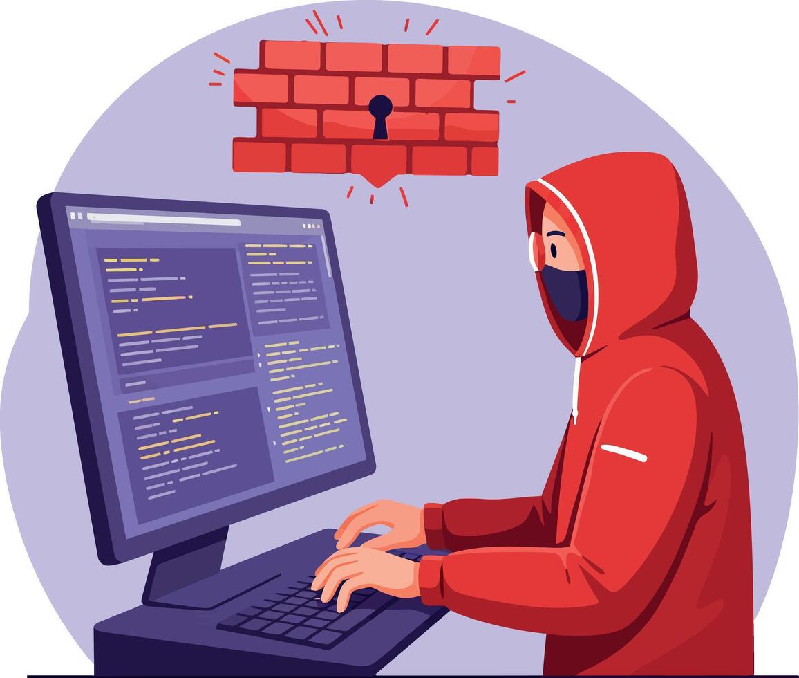 Hacker in red hoodie coding on computer with digital firewall breach flat design illustration vector