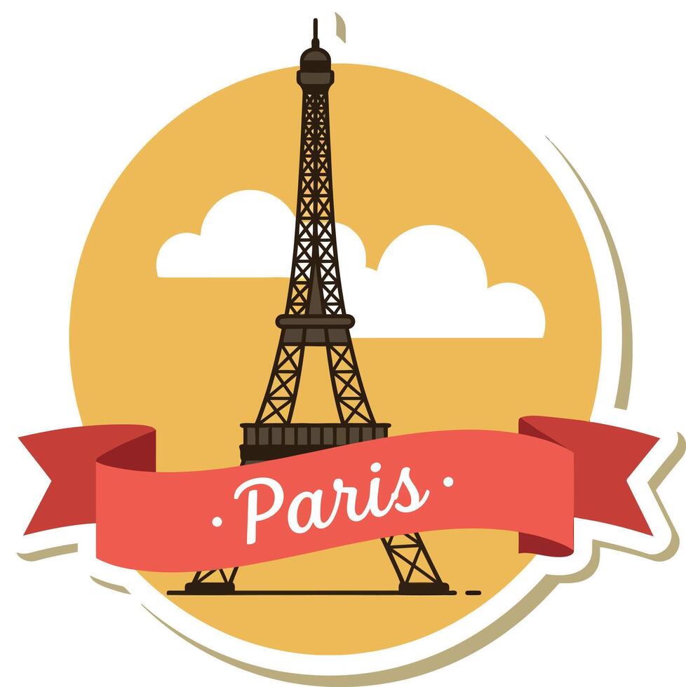 Eiffel Tower landmark with red ribbon banner and clouds flat design illustration vector