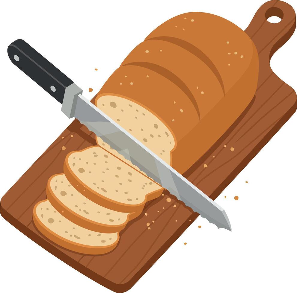 Sliced loaf of bread on wooden cutting board with serrated knife flat design illustration vector