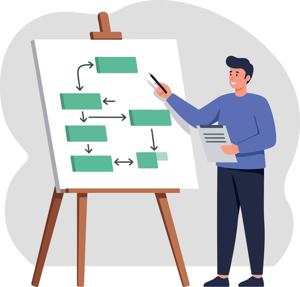 Young man presenting flowchart on easel board with pointer in casual clothing flat style illustration vector