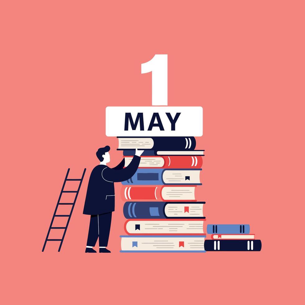Man with stack of colorful books and May 1 calendar page on pink background illustration vector
