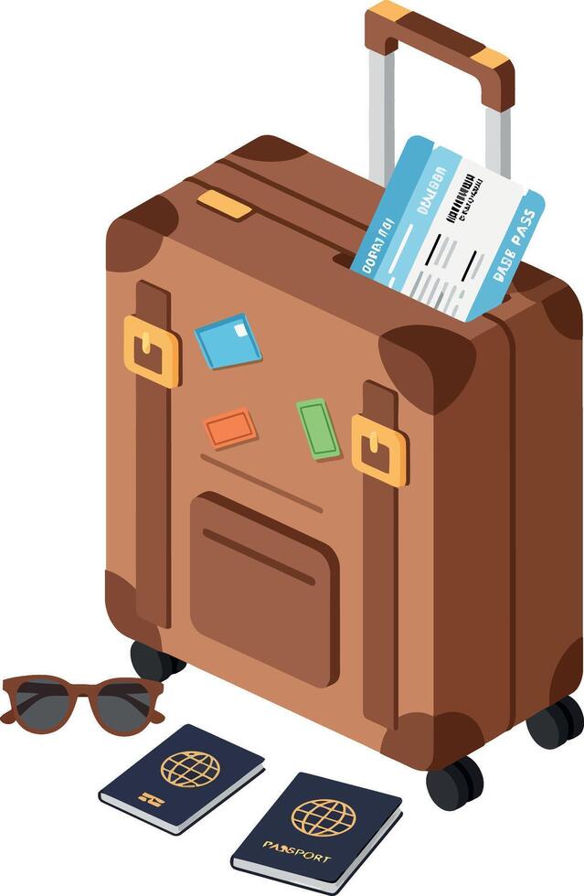 Brown vintage suitcase with travel stickers and boarding pass flat design illustration vector
