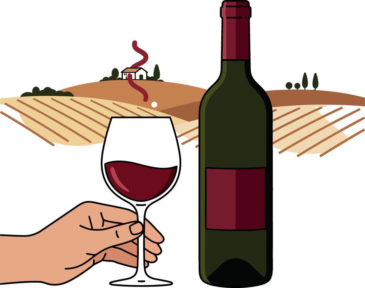 Hand holding red wine glass with bottle and vineyard landscape in flat design illustration vector