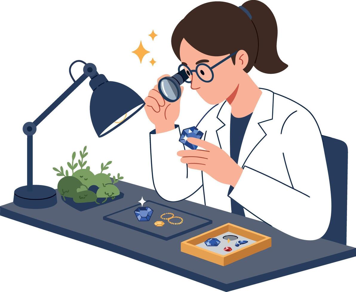 Female gemologist examining blue gemstones with magnifier in laboratory setting illustration vector