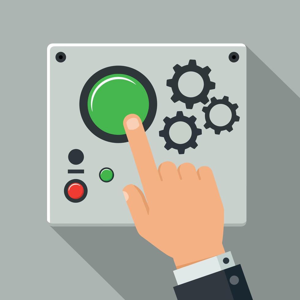 Hand pressing green button on industrial control panel with gears illustration square design vector