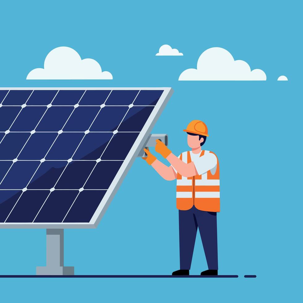 Solar panel technician installing renewable energy system outdoors in blue sky illustration vector