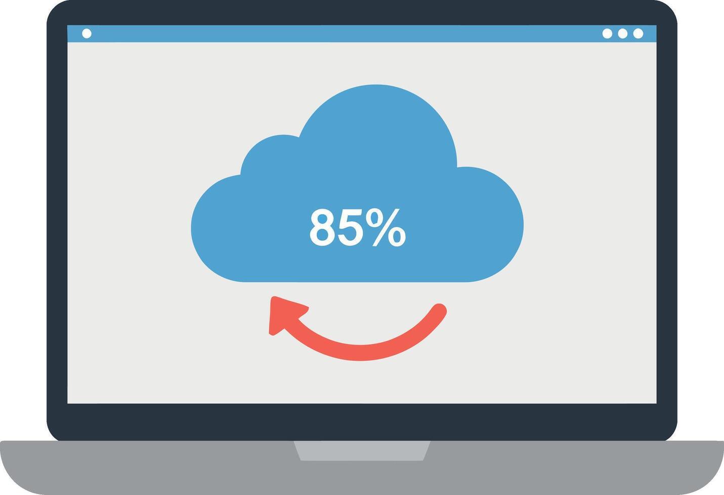 Laptop screen showing blue cloud with 85 percent progress and red arrow in flat minimal illustration vector