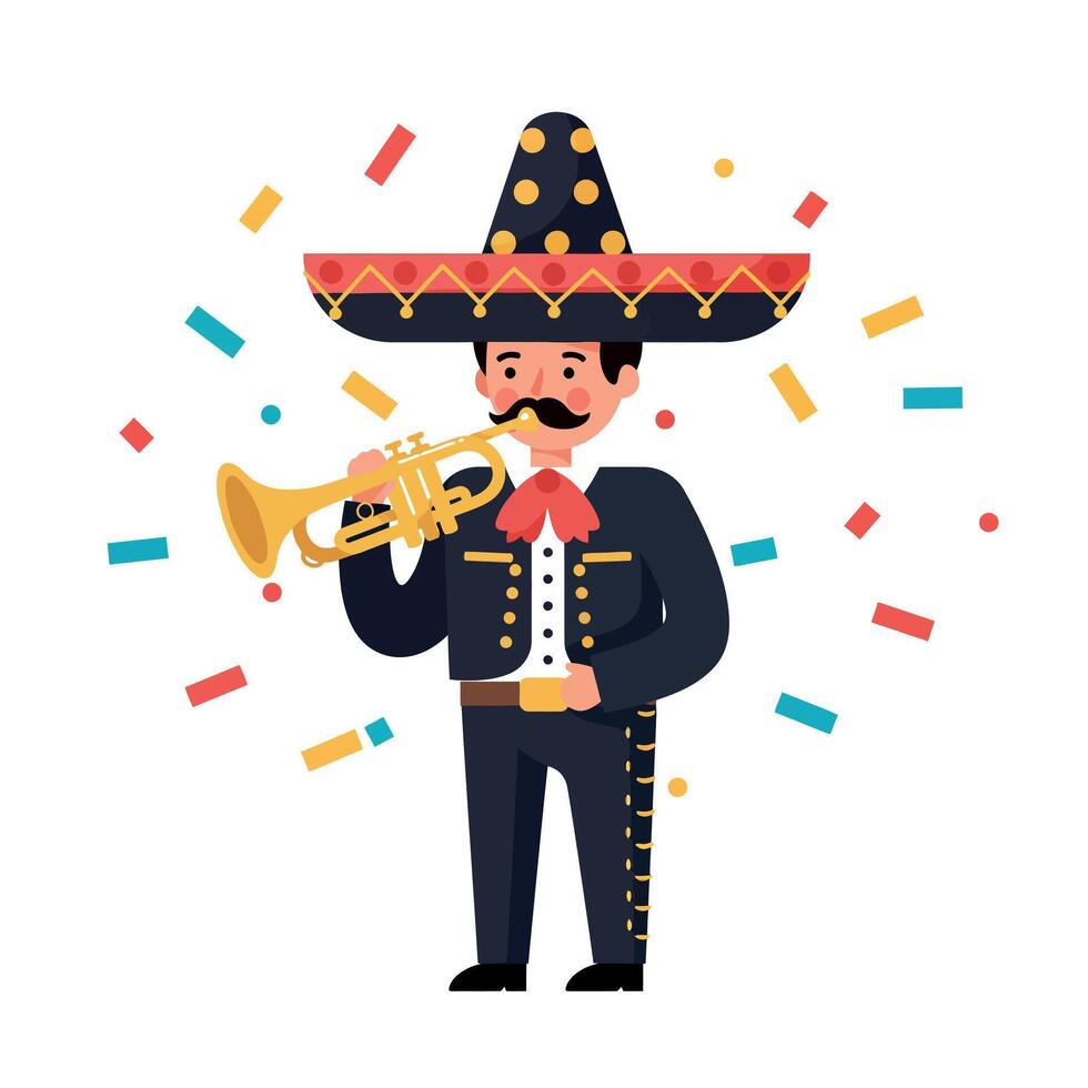 Mariachi musician playing trumpet with festive confetti illustration in colorful style vector
