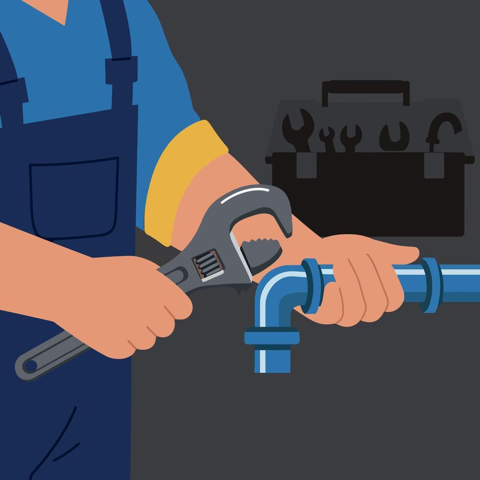 Plumber fixing blue pipe with wrench in workwear illustration vector