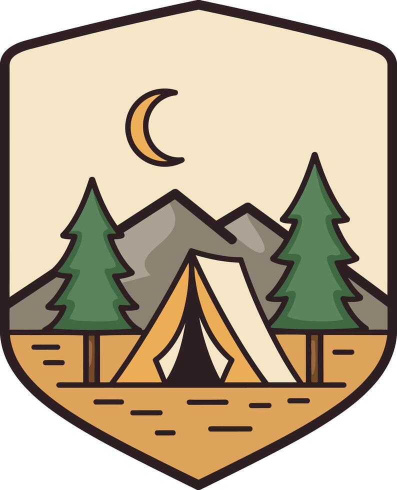 Camping tent between pine trees under crescent moon with mountains in minimal flat design illustration vector